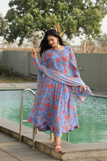 Sky Faux Georgette Digital Print Anarkali Suit Set