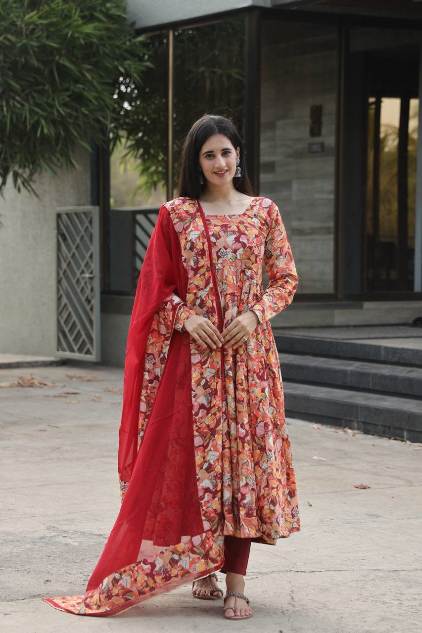 Multicolor Muslin Digital Print Kali Cut Anarkali Suit Set with Red Dupatta Main image