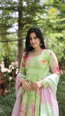 Pista Hand Print Muslin Anarkali Suit Set