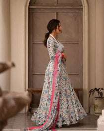 Off White Floral Print Kali Cut Anarkali with Dupatta