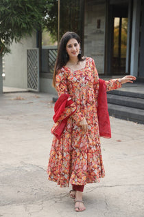 Multicolor Muslin Digital Print Kali Cut Anarkali Suit Set