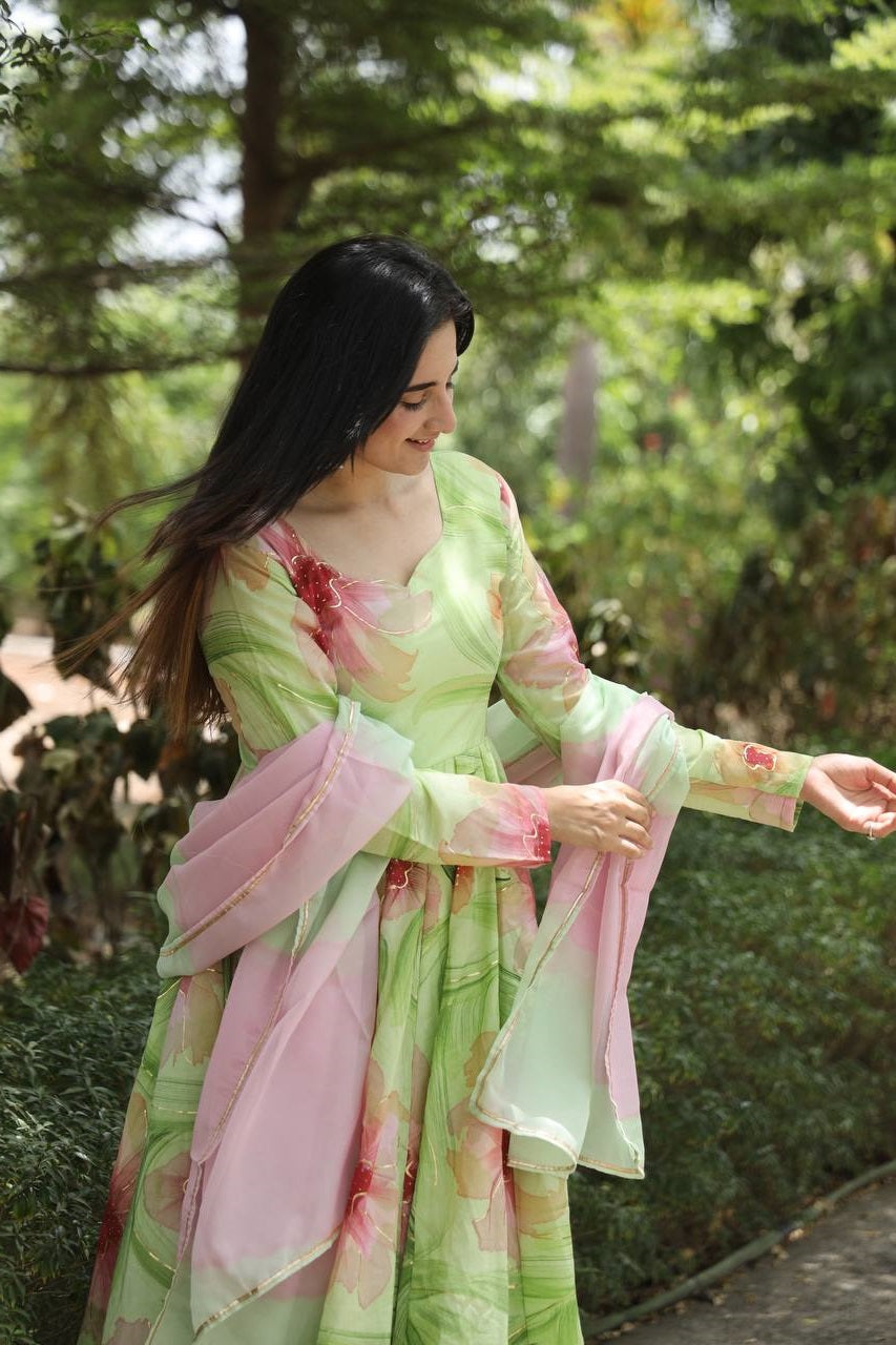 Pista Hand Print Muslin Anarkali Suit Set