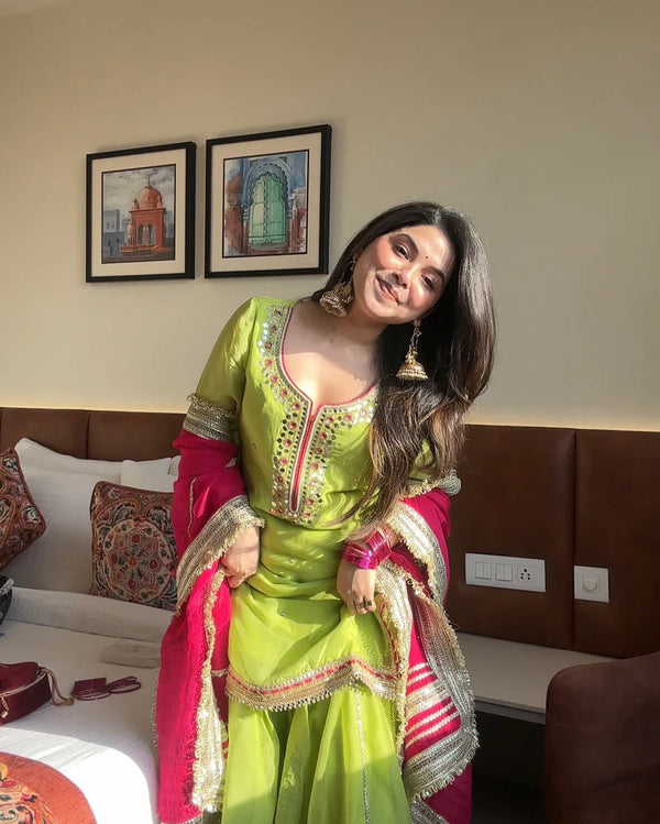 Flattering Embroidered Work Green Color Sharara Suit Set