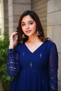 Navy Blue Georgette Embroidered Anarkali Suit Set