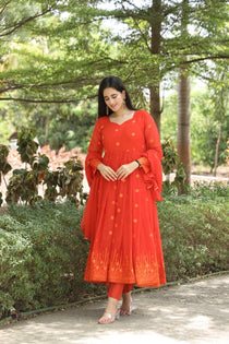 Orange Georgette Zari Embroidered Anarkali Suit Set