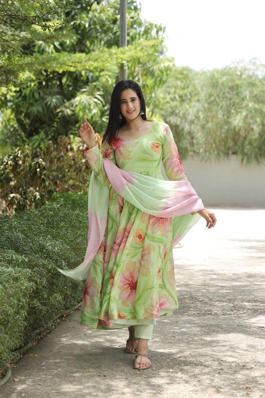Pista Hand Print Muslin Anarkali Suit Set