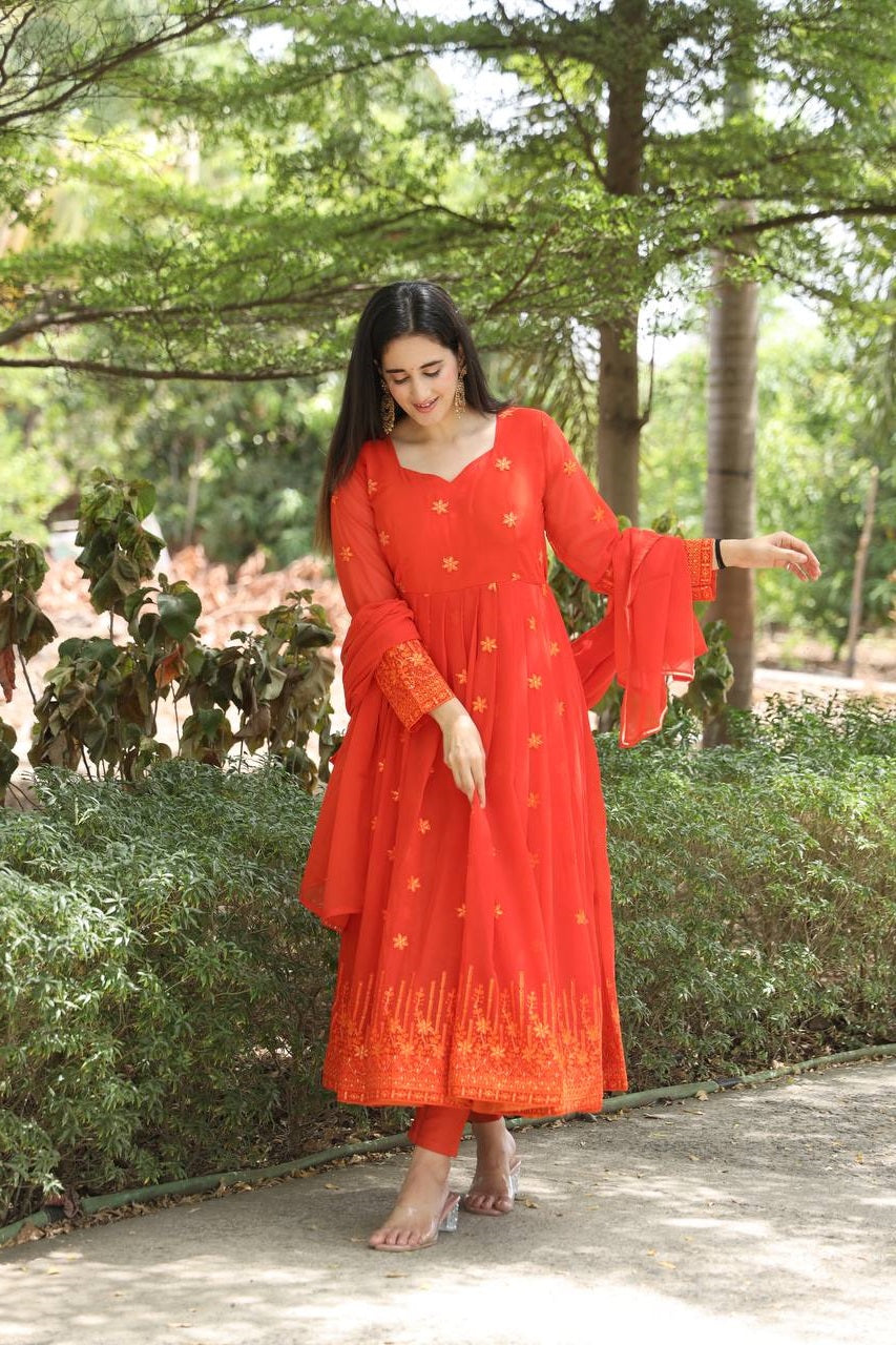 Exclusive Orange Color Georgette Anarkali Suit Set