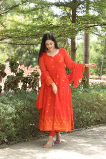 Orange Georgette Zari Embroidered Anarkali Suit Set