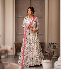 Off White Floral Print Kali Cut Anarkali with Dupatta