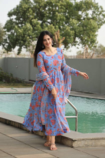 Sky Faux Georgette Digital Print Anarkali Suit Set