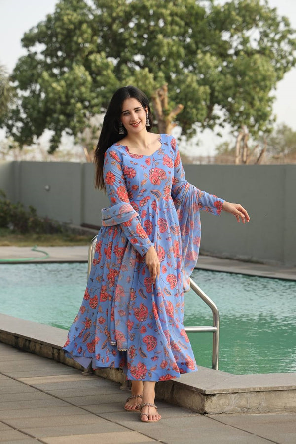 Fancy Light Blue Color Georgette Anarkali Suit Set