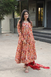 Multicolor Muslin Digital Print Kali Cut Anarkali Suit Set