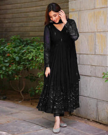 Navy Blue Georgette Embroidered Anarkali Suit Set