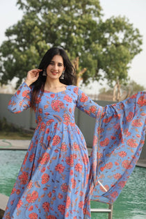 Sky Faux Georgette Digital Print Anarkali Suit Set