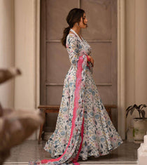 Off White Floral Print Kali Cut Anarkali with Dupatta