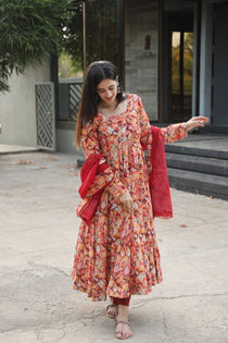 Multicolor Muslin Digital Print Kali Cut Anarkali Suit Set
