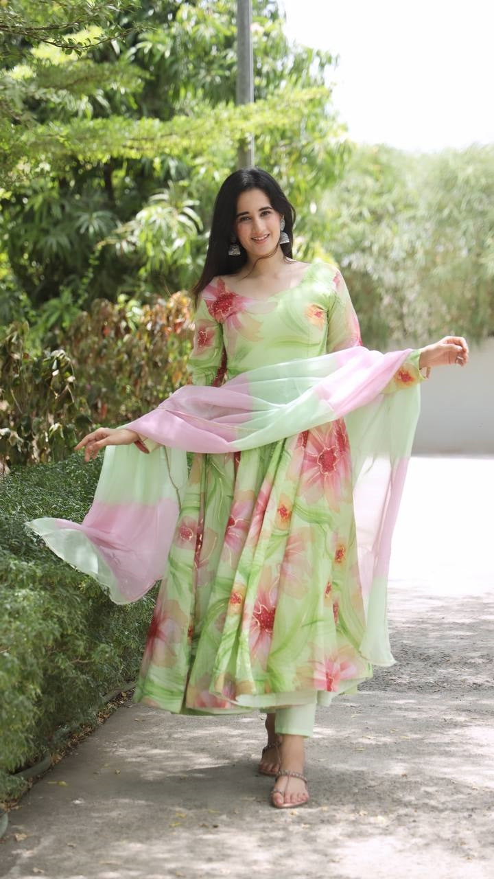 Pista Hand Print Muslin Anarkali Suit Set