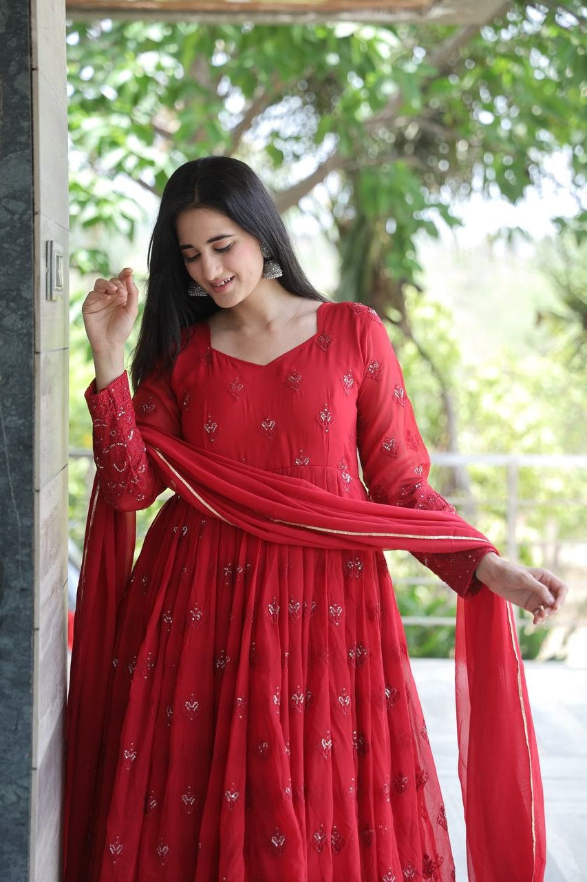 Celebrity Style Maroon Color Georgette Anarkali Suit Set