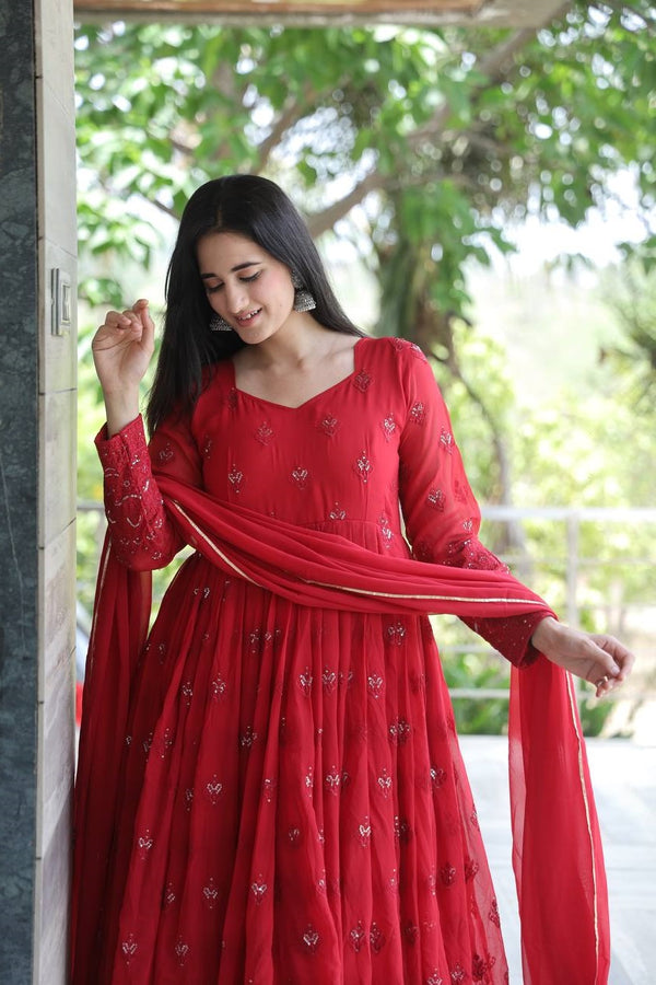Celebrity Style Maroon Color Georgette Anarkali Suit Set