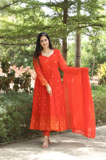 Orange Georgette Zari Embroidered Anarkali Suit Set