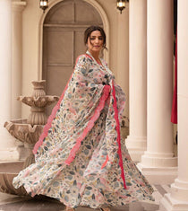 Off White Floral Print Kali Cut Anarkali with Dupatta