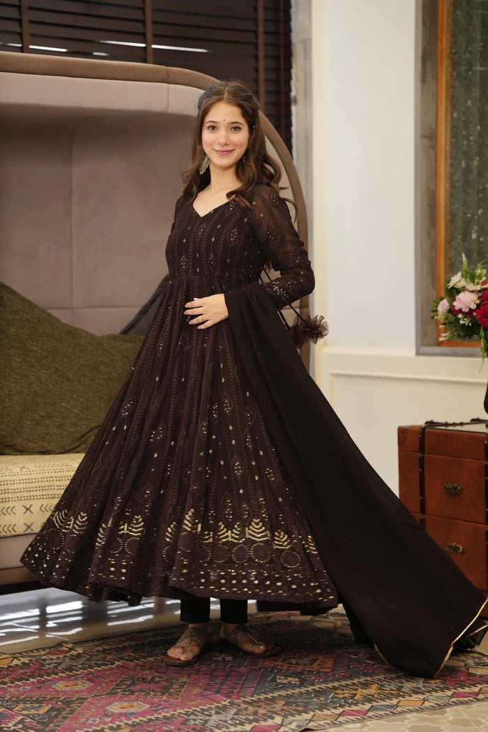 Function Wear Red, Black & Yellow Color Heavy Work Anarkali Gown