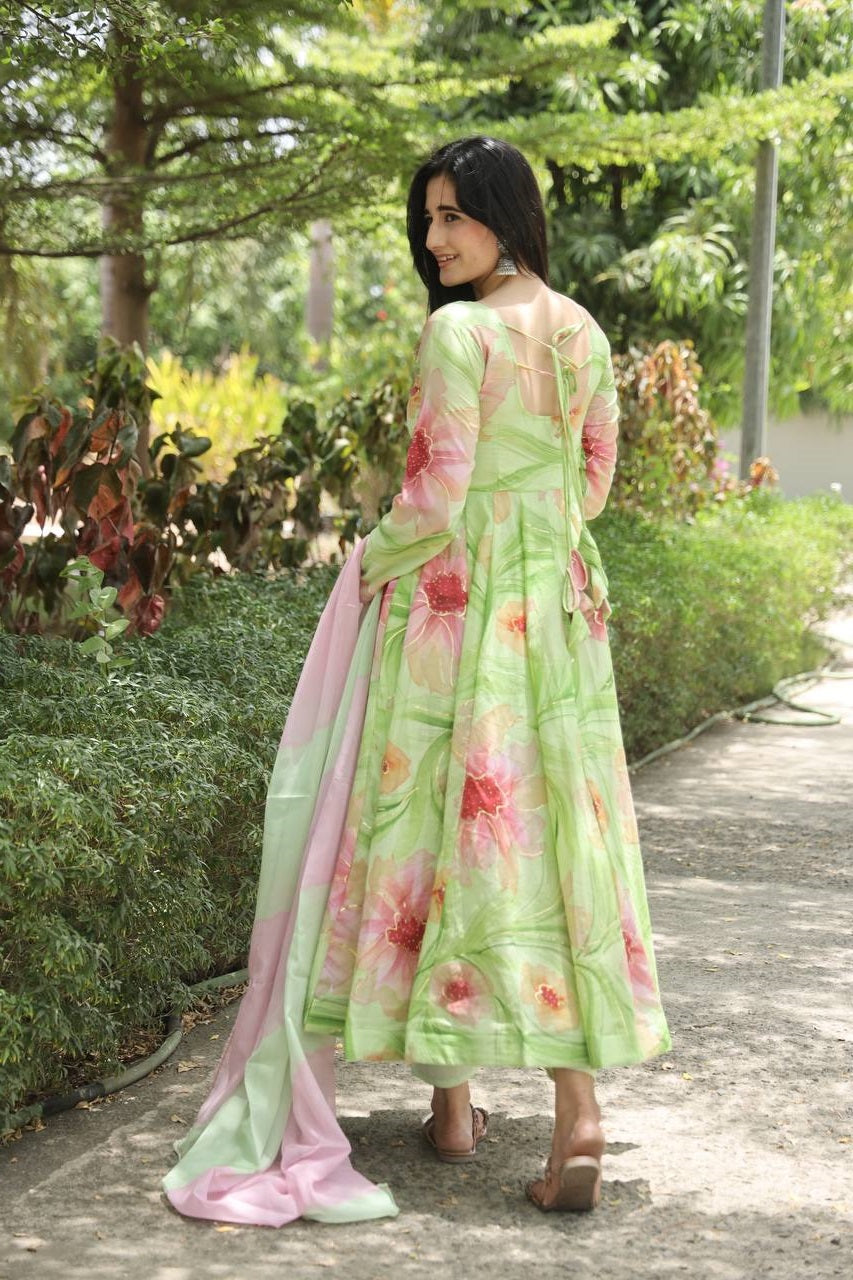 Pista Hand Print Muslin Anarkali Suit Set