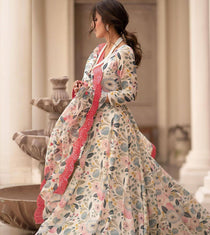 Off White Floral Print Kali Cut Anarkali with Dupatta