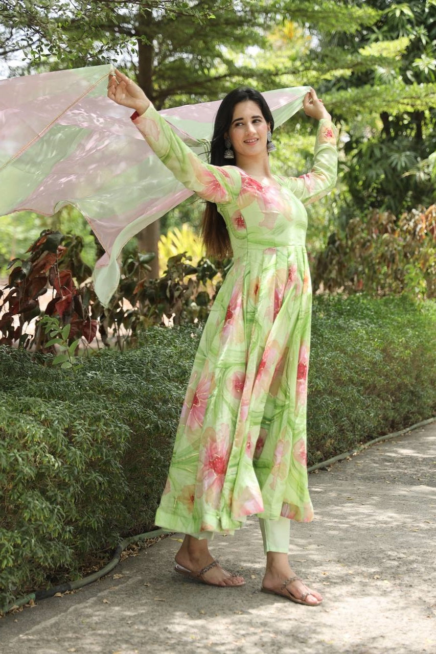 Pista Hand Print Muslin Anarkali Suit Set