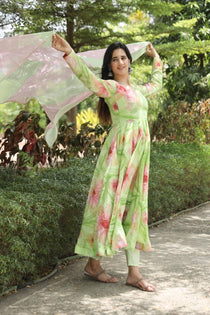Pista Hand Print Muslin Anarkali Suit Set