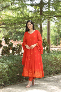 Orange Georgette Zari Embroidered Anarkali Suit Set
