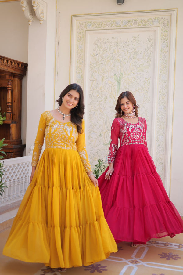 Designer Georgette Ruffle Yellow & Pink Color Gown Ram-083