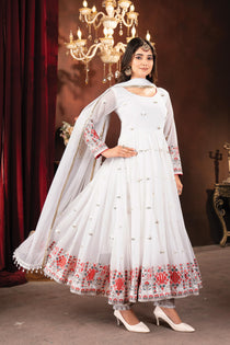 White Multithread Sequin Embroidered Anarkali Suit Set with Dupatta