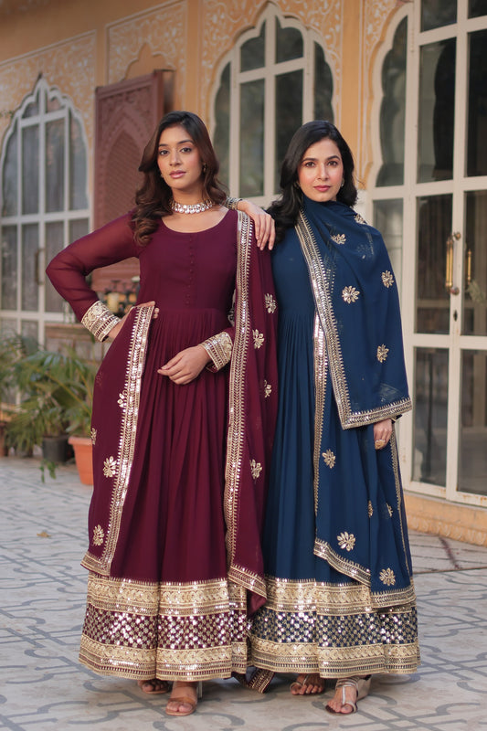 Elegant Embroidery Zari Work Blue & Maroon Color Gown KA-1135