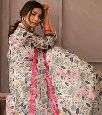 Off White Floral Print Kali Cut Anarkali with Dupatta