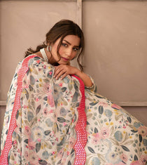 Off White Floral Print Kali Cut Anarkali with Dupatta