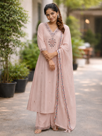 Light Peach Embroidered Roman Silk Kurta Pant Dupatta Set with Sequin Work
