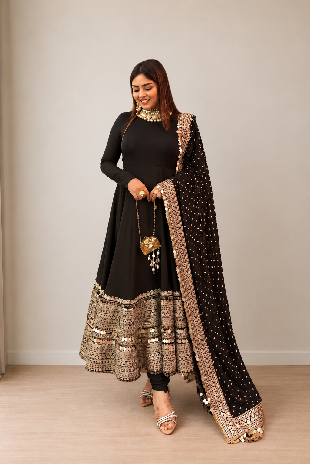 Black Rayon Embroidered Anarkali Suit Set Secondary image