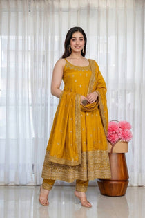 Wine Vichitra Silk Embroidered Gown Set