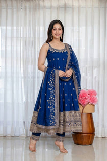 Wine Vichitra Silk Embroidered Gown Set
