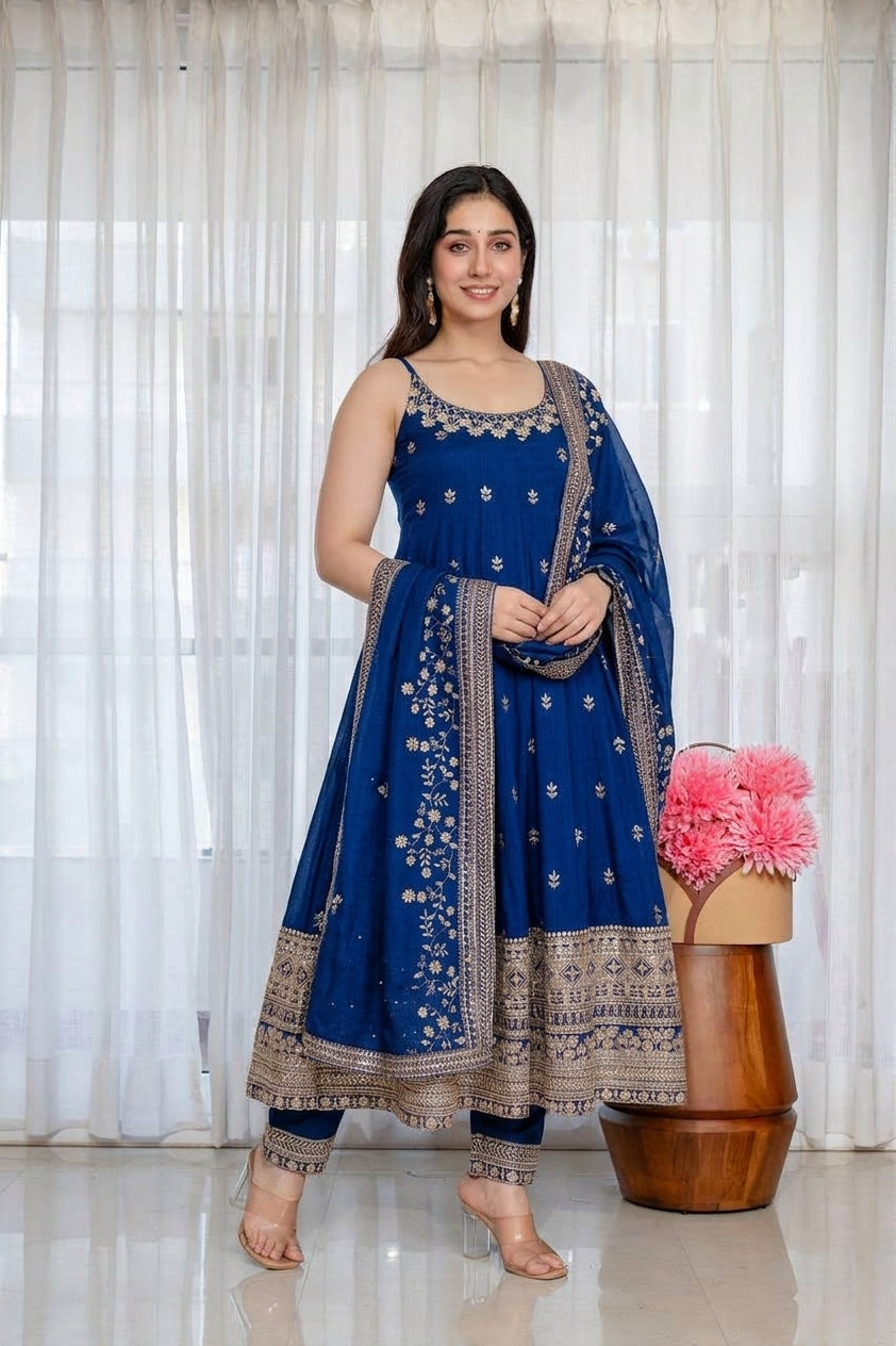 Wine Vichitra Silk Embroidered Gown Set