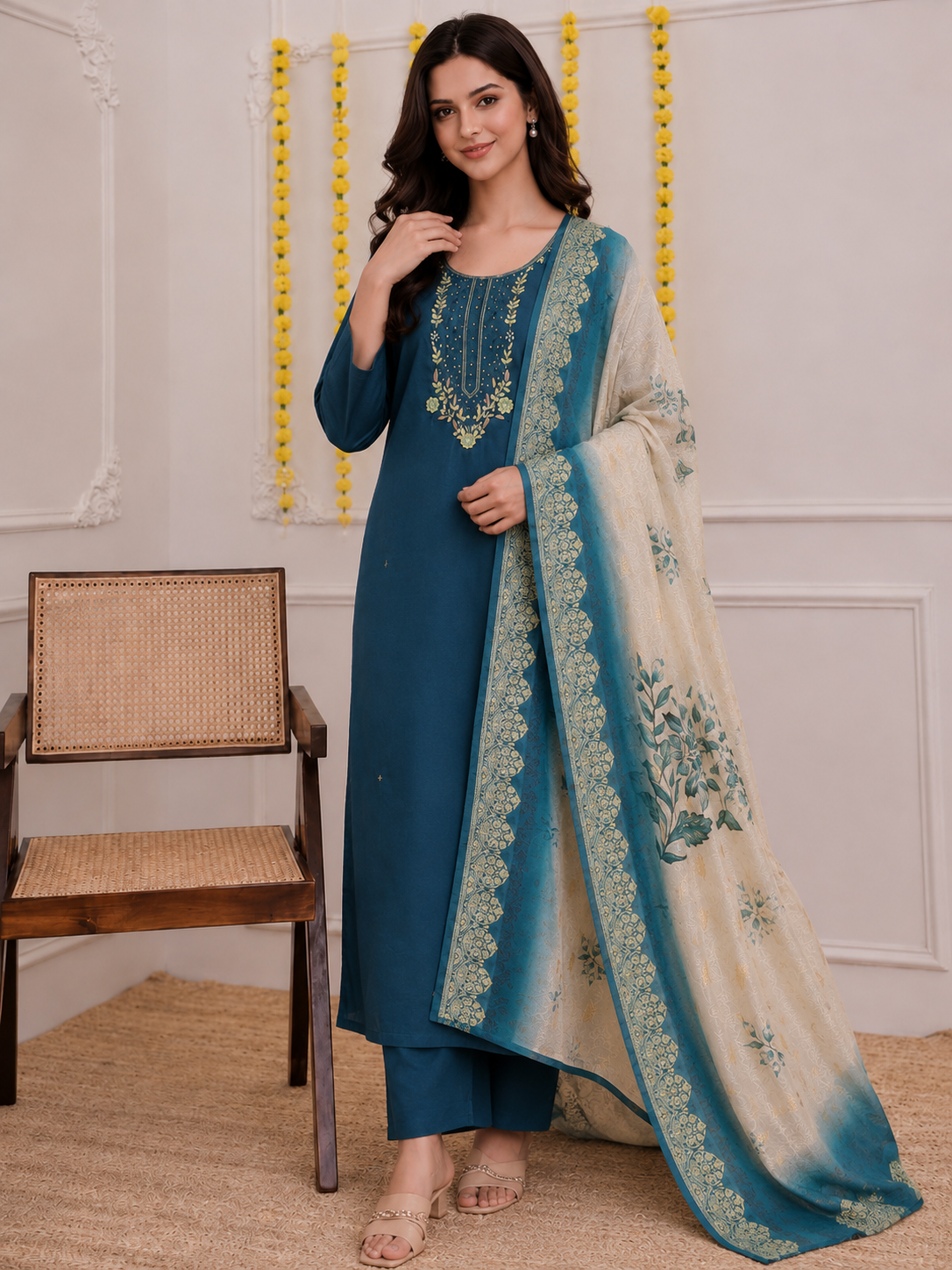 Morpich Roman Silk Hand Work Kurta Pant Dupatta Set with Heavy Lichi Silk Jacquard Dupatta