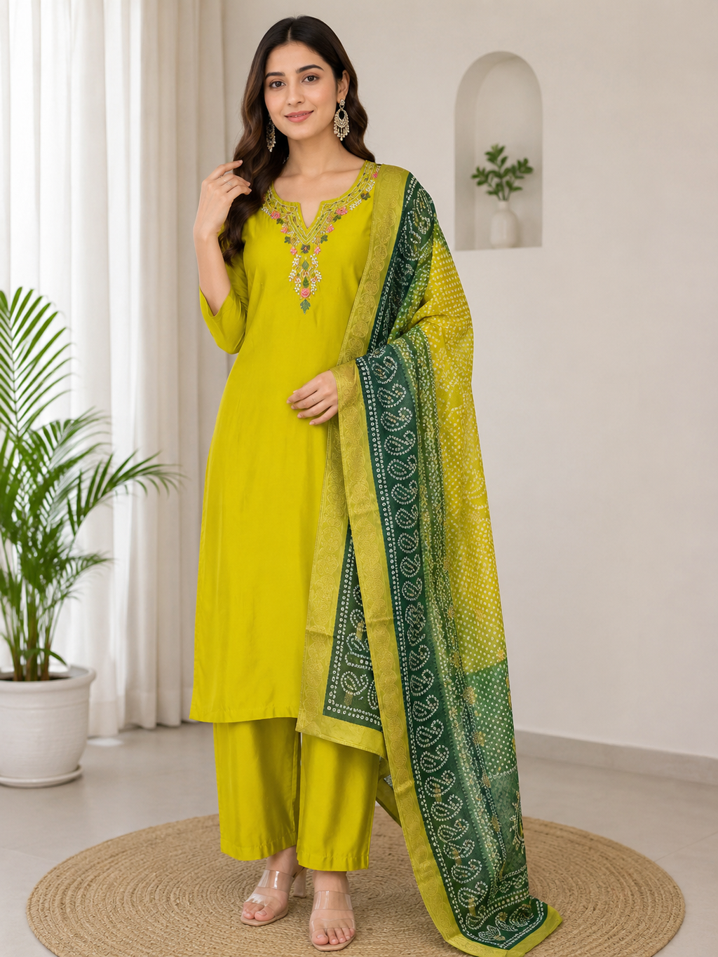 Parrot Green Roman Silk Handwork Suit Set