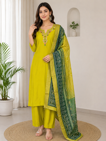 Parrot Green Roman Silk Hand Work Kurta Pant Dupatta Set with Heavy Lichi Silk Jacquard Dupatta