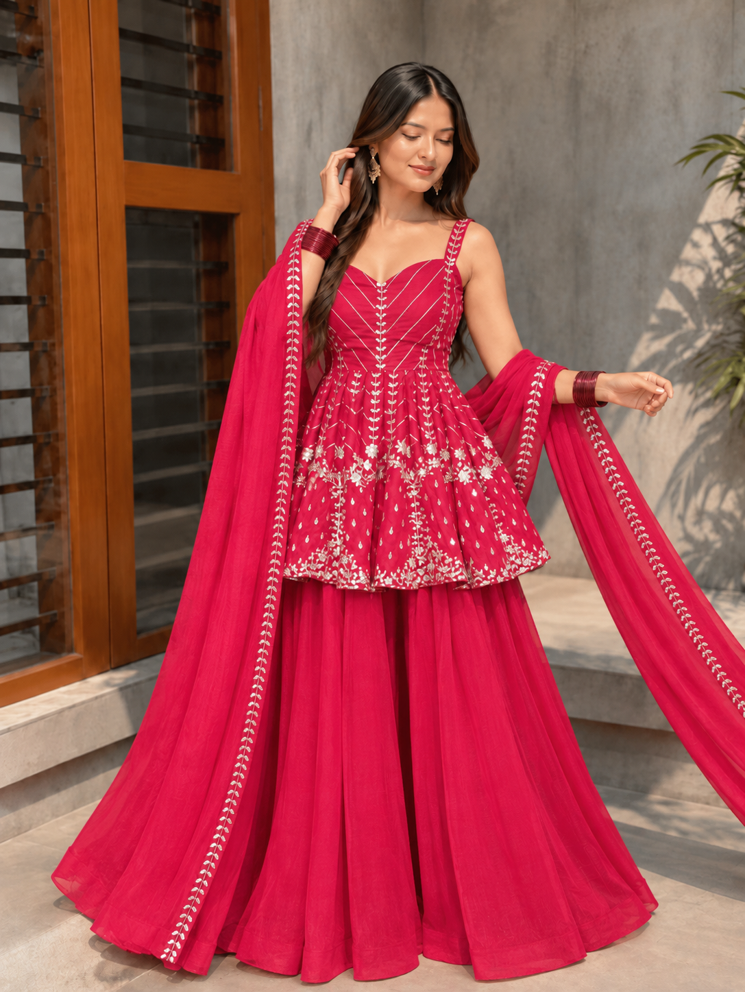 Rani Pink Faux Blooming Embroidered Sharara Suit Set Main image