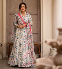 Off White Sinon Floral Print Kali Cut Anarkali with Embroidered Dupatta