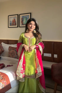 Green Zari Embroidered Palazzo Suit Set with Pink Dupatta