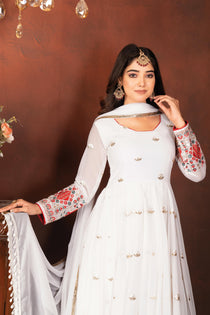 White Multithread Sequin Embroidered Anarkali Suit Set
