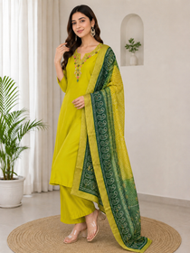 Parrot Green Roman Silk Hand Work Kurta Pant Dupatta Set