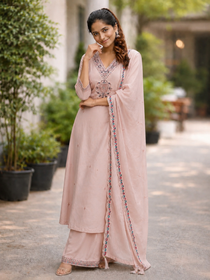 Light Peach Embroidered Roman Silk Kurta Pant Dupatta Set